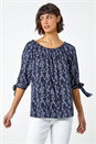 Navy Ditsy Floral Print Bardot Top, Image 2 of 5