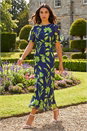 Navy Leaf Print Back Tie Midi Dress, Image 1 of 4