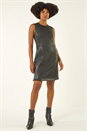 Black Faux Leather Pleated Hem Dress, Image 3 of 7