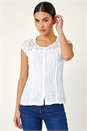 White Lace Yoke Cap Sleeve Crinkle Blouse, Image 2 of 6
