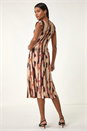 Tan Abstract Print V-Neck Twist Midi Dress, Image 3 of 5