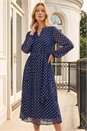 Navy  Polka Dot Pleated Midi Dress, Image 2 of 4