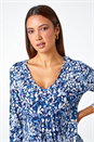 Navy  Leaf Print V-Neck Pintuck Tunic Swing Top, Image 4 of 5