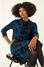 Teal Floral Print Cowl Neck Dress, Image 2 of 5