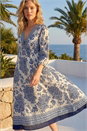 Navy  Border Print V-Neck Midi Dress , Image 2 of 4