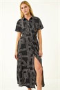 Black Geo Linear Print Shirt Midi Dress, Image 2 of 6