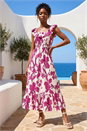 Magenta Floral Print Frill Shirred Midi Dress, Image 1 of 4