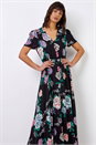 Black Floral Print Shirred Waist Maxi Dress, Image 2 of 5