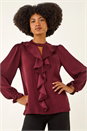 Wine Ruffle Front Keyhole Satin Top, Image 4 of 5