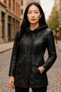 Charcoal Leather Hooded Parka Jacket-Clare, Image 1 of 6