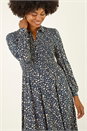 Navy  Ditsy Floral Print Shirred Midi Dress, Image 4 of 5