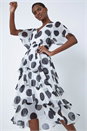 Ivory Polka Dot Chiffon Frill Wrap Tiered Midi Dress, Image 1 of 5