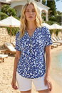 Navy Abstract Print Zip Front Stretch Top, Image 1 of 4