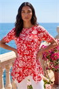Red Floral Print Hanky Hem Tunic Top, Image 2 of 4