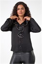 Black Ruffle Front V-Neck Satin Blouse, Image 4 of 5