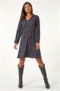 Teal Floral Print Jersey Stretch Swing Dress, Image 2 of 5