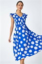Royal Blue Polka Dot Shirred Stretch Midi Dress, Image 1 of 5