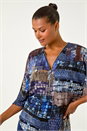 Blue Abstract Print Front Zip Stretch Top, Image 4 of 5