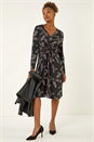 Black Floral Print Twist Front Midi Dress, Image 1 of 5