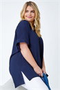 Navy Curve Linen Look V-Neck Longline Top, Image 1 of 5