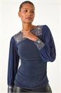 Navy  Sequin Yoke Mesh Sleeve Top, Image 4 of 5