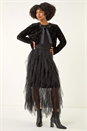 Black Elastic Waist Mesh Layered A Line Skirt, Image 3 of 5