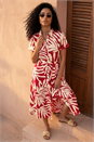 Red Leaf Print Belted Midi Shirt Dress, Image 1 of 4