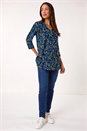 Blue Floral Print V-Neck Stretch Tunic Top, Image 2 of 5