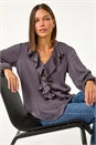 Grey Satin Ruffle Front V-Neck Top, Image 1 of 5
