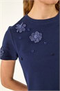 Petrol Blue Floral Applique T-shirt, Image 5 of 5