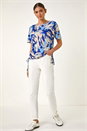 Blue Abstract Print Side Tie Detail Top, Image 2 of 5