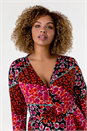 Red Curve Patchwork Floral Print Wrap Dress, Image 4 of 5