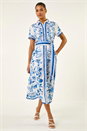 Blue Floral Border Print Collared Shirt Dress, Image 1 of 5