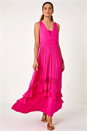 Fuchsia Lace Detail Shirred Frill Maxi Dress, Image 2 of 5