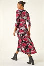 Red Floral Print Pocket Midi Dress, Image 3 of 5