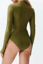 Khaki Zip Front High Neck Long Sleeve Swimsuit, Image 5 of 5