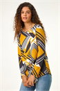 Yellow Geometric Print Wrap Tunic Stretch Top, Image 1 of 5