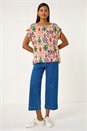 Peach Abstract Print Cuff Sleeve Top, Image 2 of 5
