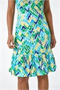 Blue Aztec Print Stretch Frill Hem Dress, Image 5 of 5
