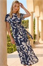 Navy  Floral Print Side Tie Crepe Dress, Image 2 of 4
