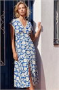 Blue Daisy Print Lace Trim Midi Dress, Image 2 of 4