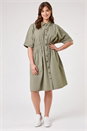 Khaki Curve Shirred Waist Shirt Dress, Image 3 of 5