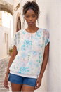 Blue Floral Print Bubble Hem Top, Image 2 of 4
