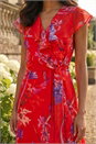 Red Floral Print Ruffle Wrap Front Midi Dress, Image 4 of 4