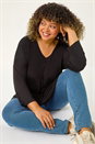 Black Curve V-Neck Pleat Tunic Top, Image 1 of 5