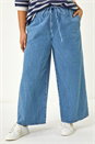 Light Blue  Curve Tie Waist Denim Wide Leg Trouser, Image 4 of 5