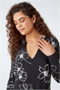 Black Floral Print Chiffon Hem Stretch Top , Image 4 of 5