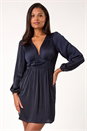 Navy Pleated V-Neck Mini Dress, Image 1 of 5
