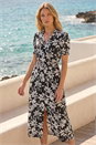 Black Floral Shirred Collared Midi Dress, Image 1 of 4