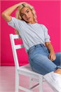 Blue Ribbed Shirred Cuff Top, Image 3 of 5